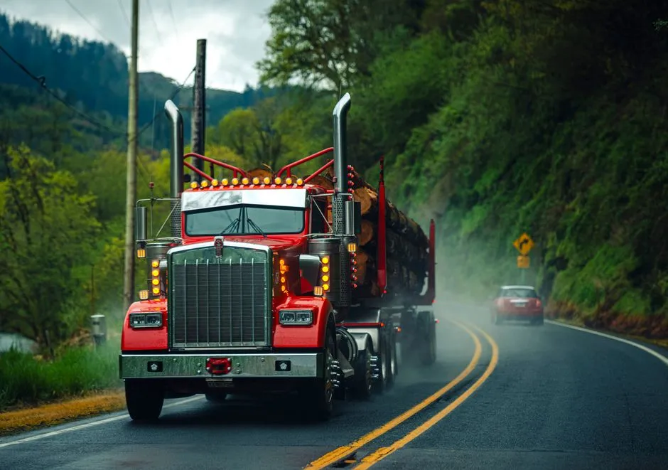 Semi truck driving on a scenic highway, representative of the commercial trucking industry