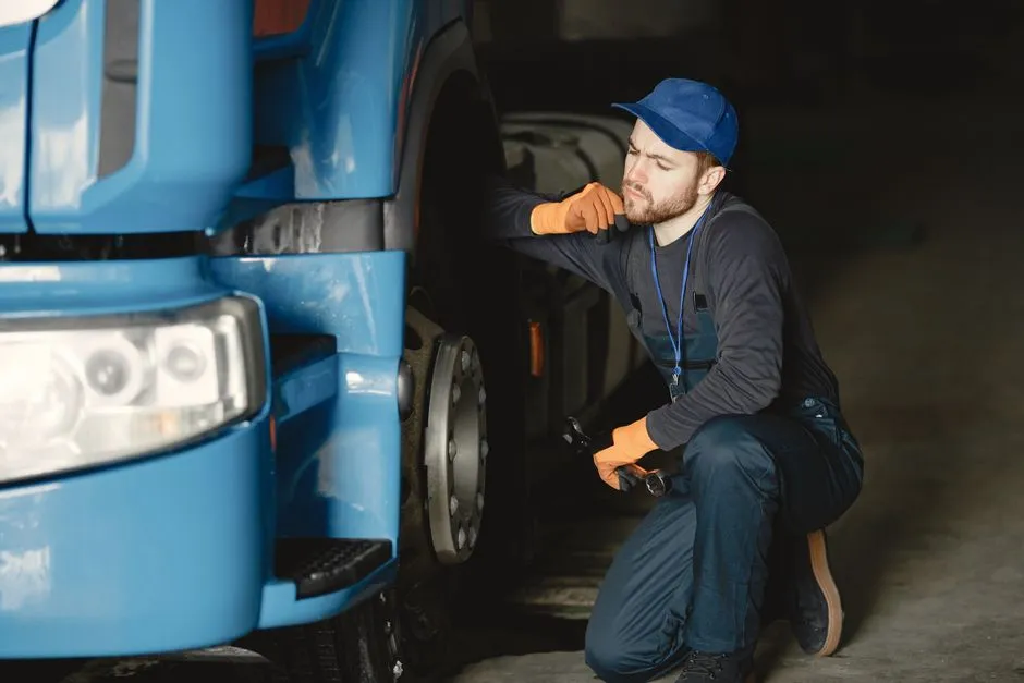 Mechanic examining a truck wheel, representative of a pre-trip inspection routine